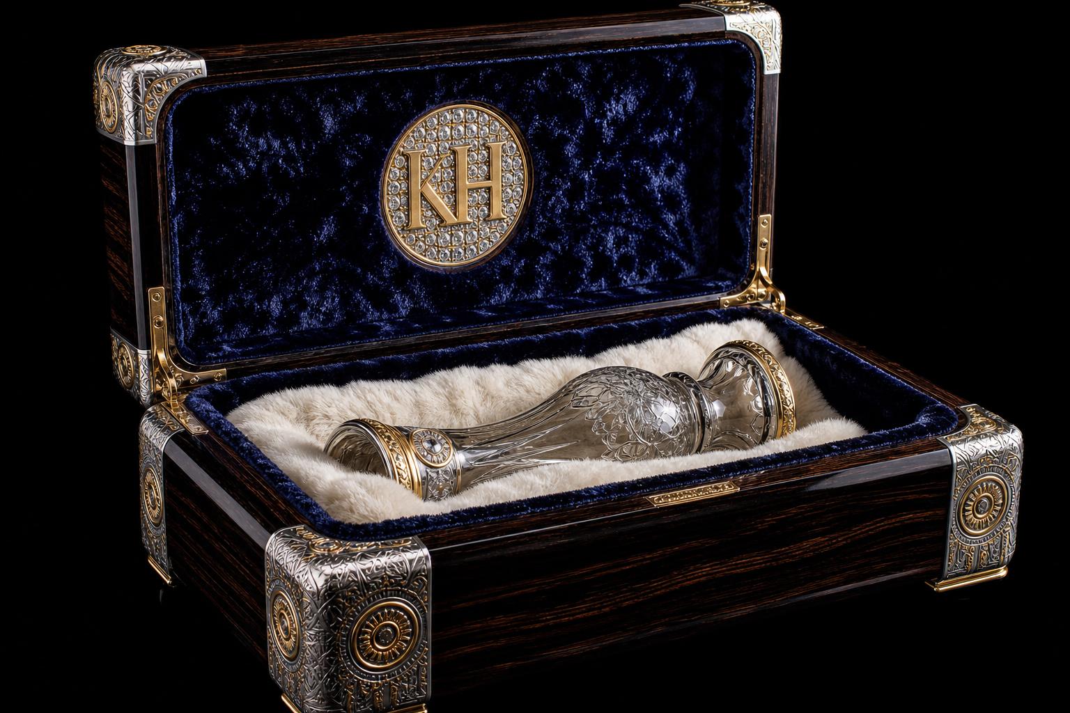 Member onboarding timber case with silver and gold caps, velvet and alpaca interior
